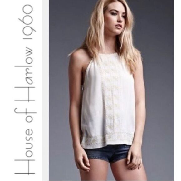 House of Harlow 1960 Tank Top Womens Small White High Neck Gauze Embroidered - Picture 1 of 10